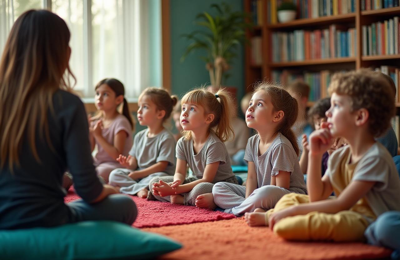 Bambini e genitori che ascoltano incantati una storia